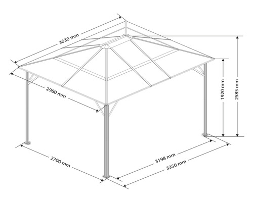 Technický nákres altánku s rozmermi