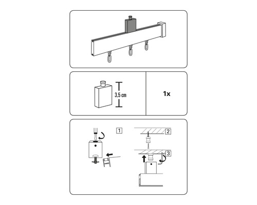 Obrázok montážneho návodu pre záclonovú tyč s príslušenstvom
