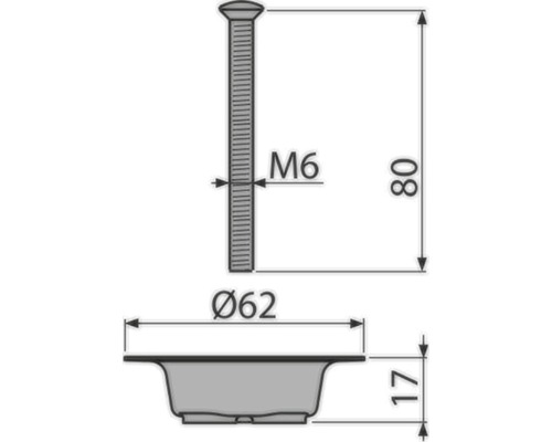 Technický nákres ventilu s rozmermi M6, priemerom 62 mm a výškou 80 mm