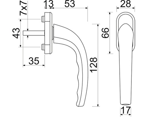 Technický nákres okenné kľučky s rozmermi
