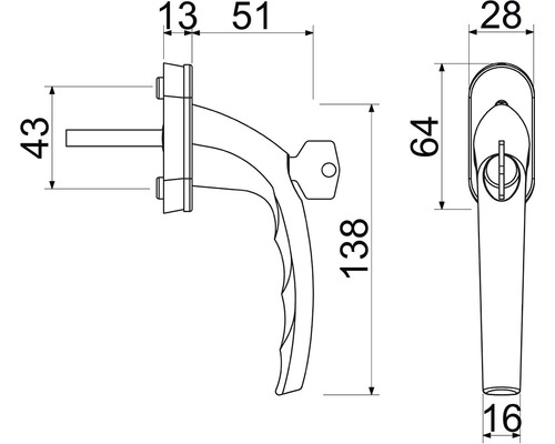 Technický výkres okenné kľučky s rozmermi.