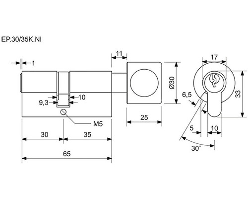 Technický nákres vložky zámku s rozmermi