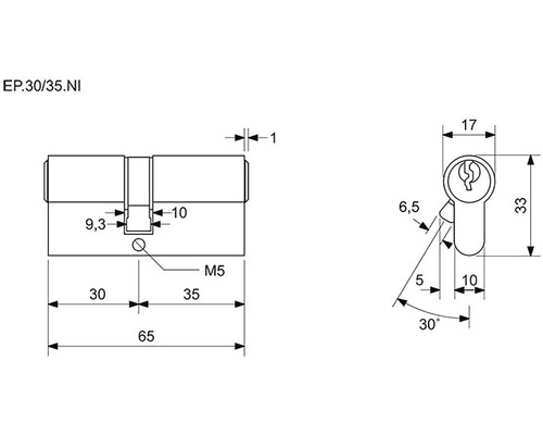 Technický nákres cylindrického zámku s rozmermi