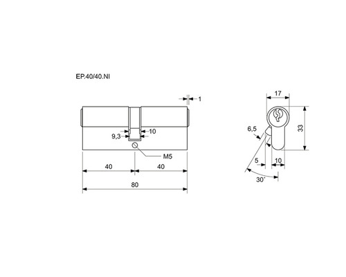 Technický výkres cylindrického zámku s rozmermi.