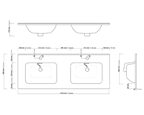 Technický nákres dvojitého umývadla s rozmermi