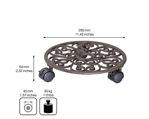 Kovový vozík na rastliny s kolieskami, priemer 290 milimetrov