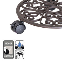 Kovový vozík na kvetináče s kolieskami a ozdobnými ornamentmi