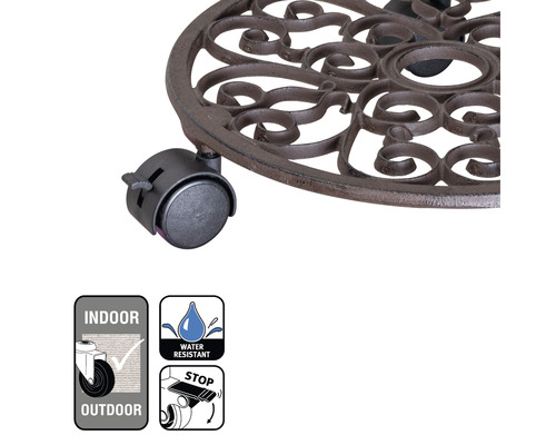 Kovový vozík na kvetináče s kolieskami a ozdobnými ornamentmi