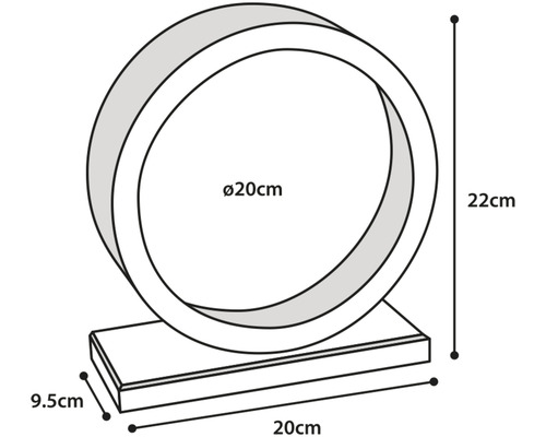 Produktový nákres okrúhleho zrkadla s podstavcom a rozmermi