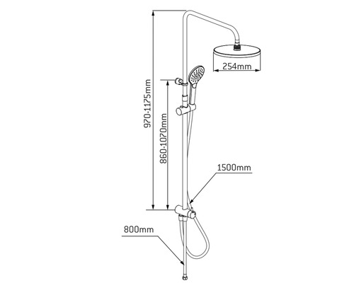 Technický nákres sprchovej armatúry s rozmermi.