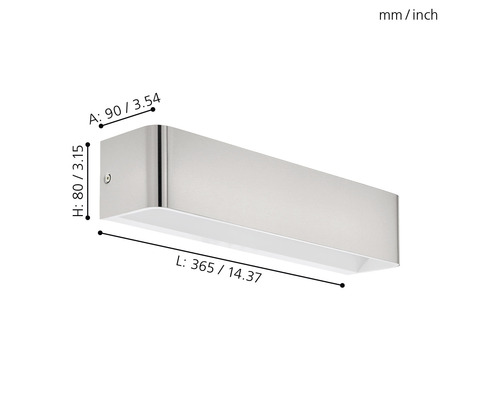 Nástenné svietidlo s rozmermi 365 x 90 x 80 milimetrov.