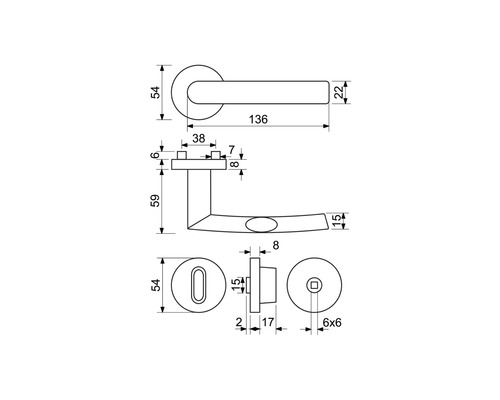 Technický nákres kľučky dverí s rozmermi