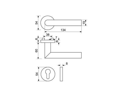 Technický nákres kľučky dverí s rozmermi