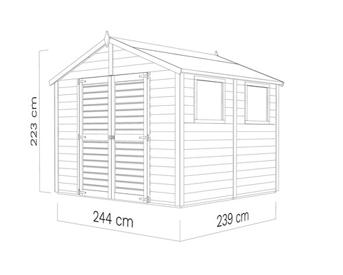 Obrázok záhradného domčeka s rozmermi 223 cm výška, 244 cm šírka a 239 cm hĺbka.