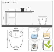 Technický nákres kvetináča Classico LS 21 s rozmermi a objemami náplne.