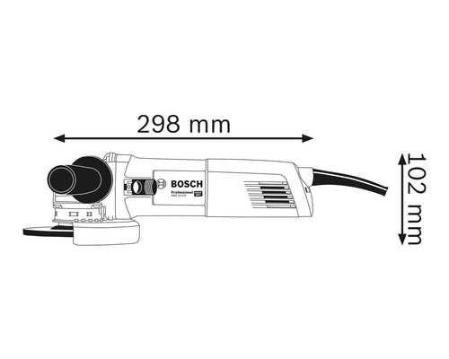 Ilustrácia uhlovej brúsky s rozmermi 298 milimetrov dĺžka a 102 milimetrov výška.