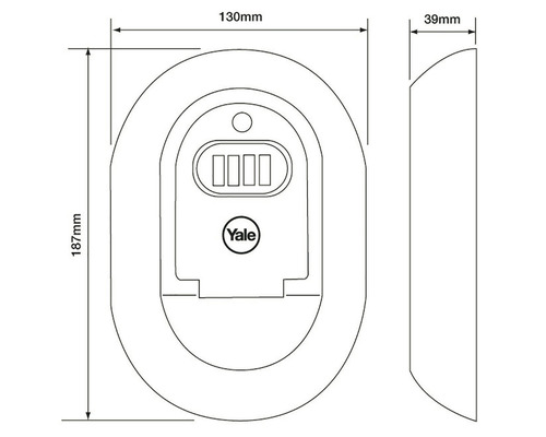 Technický nákres trezoru na kľúče Yale s rozmermi 187 mm výška, 130 mm šírka a 39 mm hĺbka