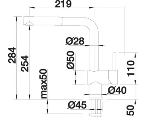 Rozmerový nákres kuchynskej batérie s výtokom