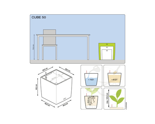 Nákres produktu Kvetináč Lechuza Cube 50 s rozmermi a pokynmi na plnenie