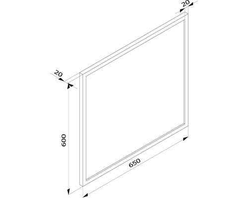 Technický výkres rámu s rozmermi 600 x 650 x 20 mm