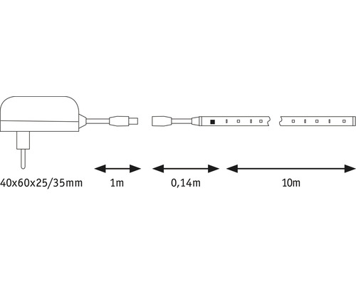 Obrázok LED pásika s rozmermi 40x60x25/35 mm, 1 m, 0,14 m a 10 m.