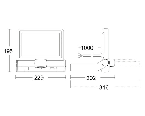 Rozmerový nákres zobrazovacieho zariadenia s rozmermi 195, 229, 1000, 202 a 316 milimetrov.