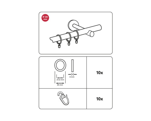 Technický nákres krúžkov na závesy s priemerom 20 milimetrov a háčikov na závesy, 10 kusov