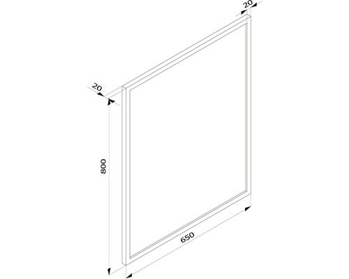 Nákres rámu s rozmermi 800 mm výška, 650 mm šírka a 20 mm hĺbka