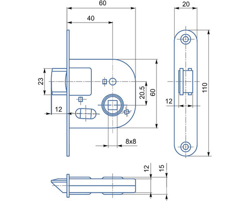 Technický nákres zámku dverí s rozmermi