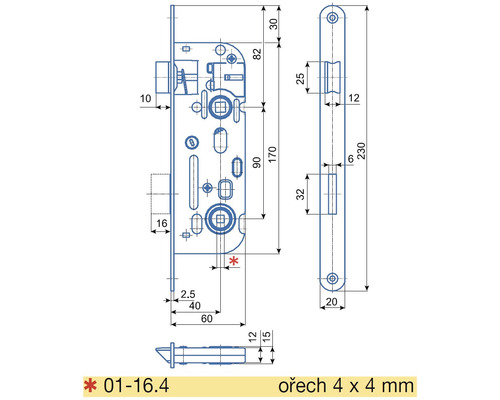 Technický nákres zámku dverí s rozmermi