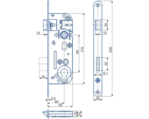 Technický nákres zadlabacieho zámku s rozmermi