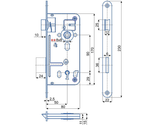 Technický nákres zadlabacieho zámku s rozmermi