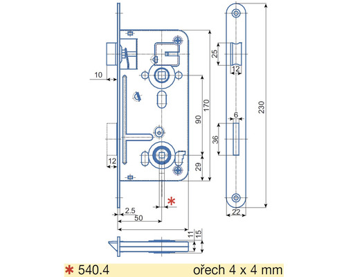 Technický nákres zámku dverí s rozmermi