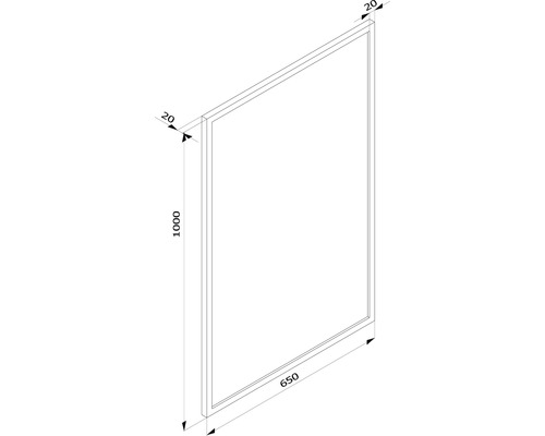 Technický nákres rámu s rozmermi 1000 x 650 x 20 mm