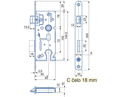 Technický nákres zadlabacieho zámku s rozmermi