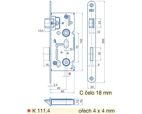 Technický nákres zámku dverí ABUS s rozmermi