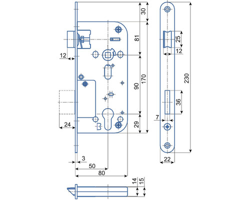 Technický nákres zadlabacieho zámku s rozmermi