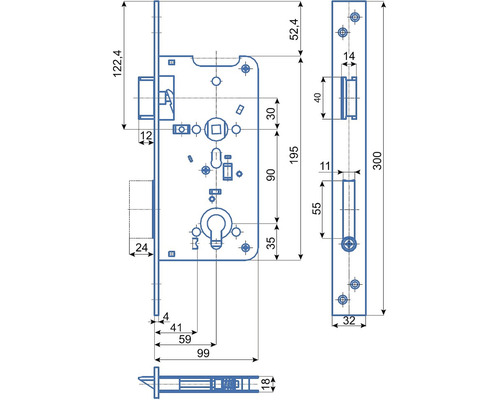 Technický nákres zámku dverí s rozmermi
