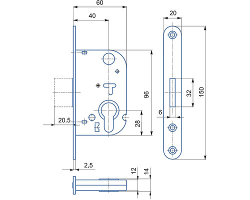 Technický výkres zámku dverí s rozmermi