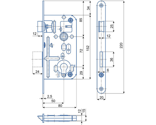 Technický nákres zadlabacieho zámku s rozmermi