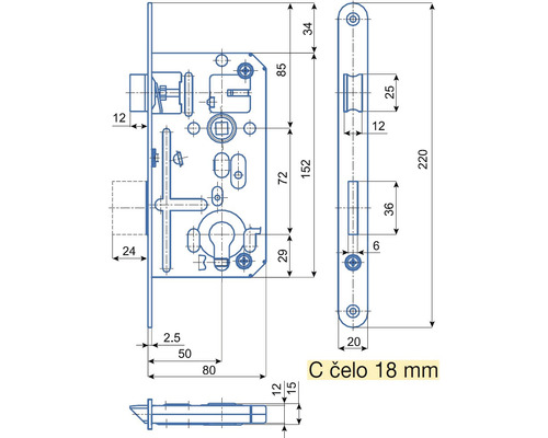 Technický nákres vložkového zámku s rozmermi