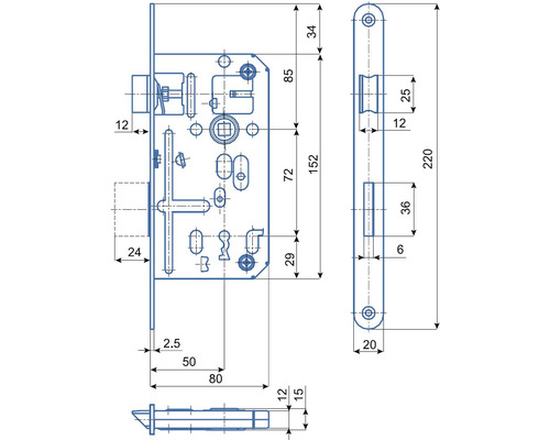 Technický nákres zadlabacieho zámku s rozmermi