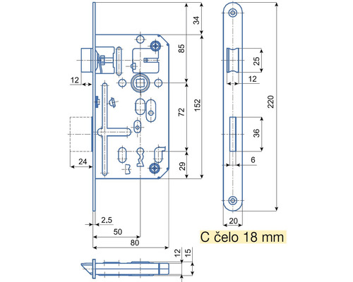 Technický nákres zadlabacieho zámku s rozmermi