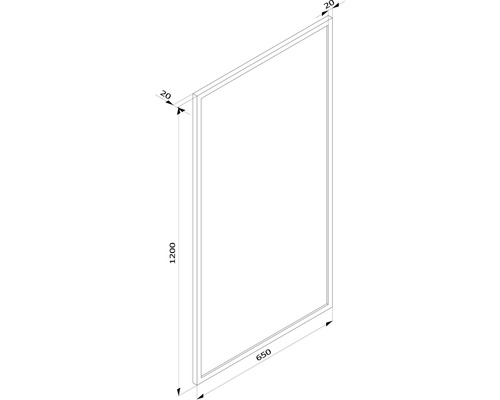 Technický nákres sprchovej steny s rozmermi 1200 x 650 mm