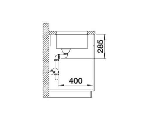 Technický nákres drezu s rozmermi 400 a 285 mm
