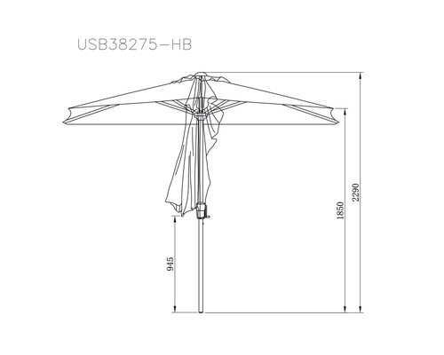 Technický nákres slnečníka s výškovými údajmi