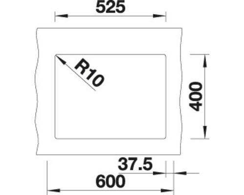 Výkres vstavaného drezu s rozmermi 525, 400, 37.5 a 600.