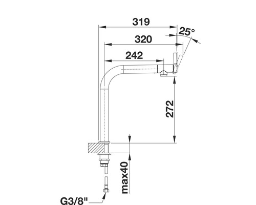Rozmerový nákres vodovodnej batérie s rozmermi.