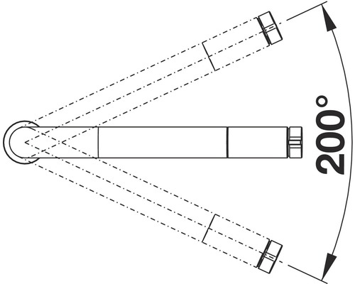 Nákres otočného držiaka toaletného papiera s rozsahom otáčania 200 stupňov.