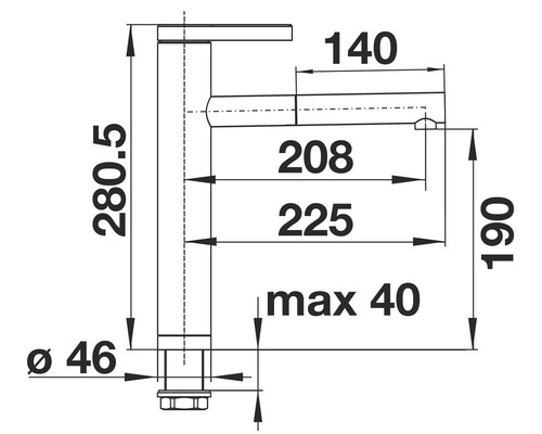 Technický nákres vodovodnej batérie s rozmermi